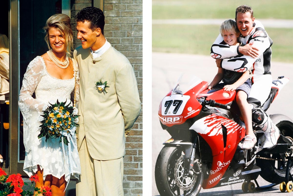 Михаэль Шумахер с женой Кориной, 1997 год. Фото: ITAR-TASS. Справа – с сыном Миком, 2008 год