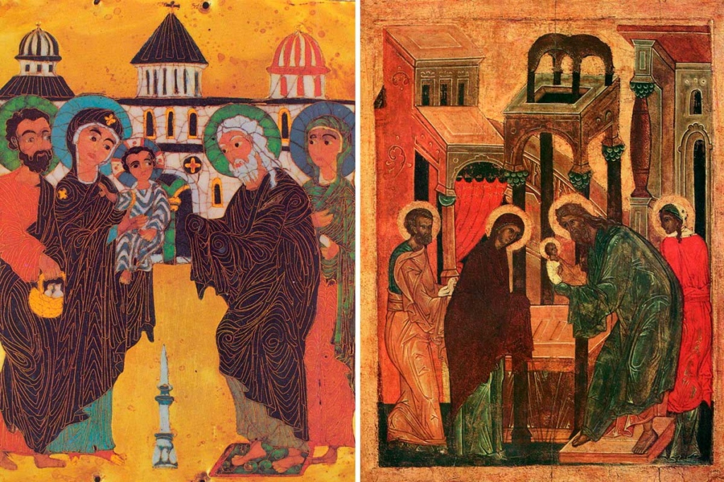 Сретение Господне. Слева – эмаль, кон. XII – нач. XIII вв. Грузия. Государственный музей искусств Грузии, Тбилиси. Справа – икона первой половины XVI в., из праздничного ряда церкви архангелов на Городце в Пскове, Псковский музей-заповедник