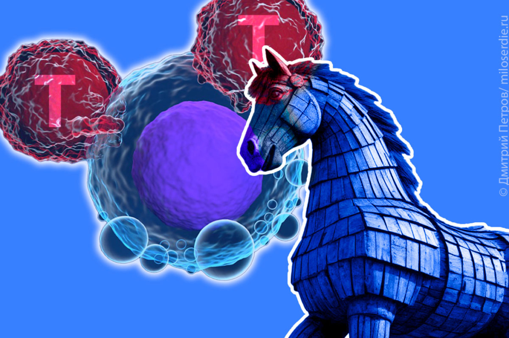 Коллаж. Трехмерная схема-модель внедрения кар-Т клеток в раковую клетку