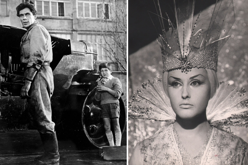 Слева – Владимир Заманский и Игорь Хомченко (мальчик) в фильме «Каток и скрипка» реж. Андрей Тарковский, 1960 год. Справа – Наталья Климова в роли Снежной королевы в фильме «Снежная королева», 1966 год