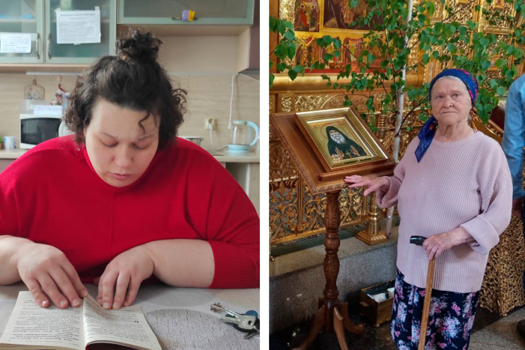 Молодая женщина слева и бабушка в храме справа 