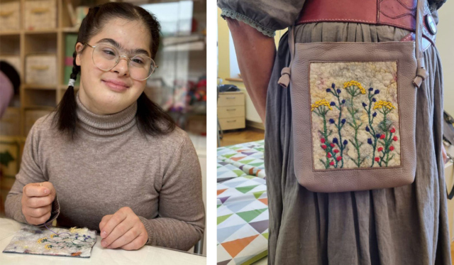 Слева 0150 девочка вышивает. Справа - сумочка с вышивкой 