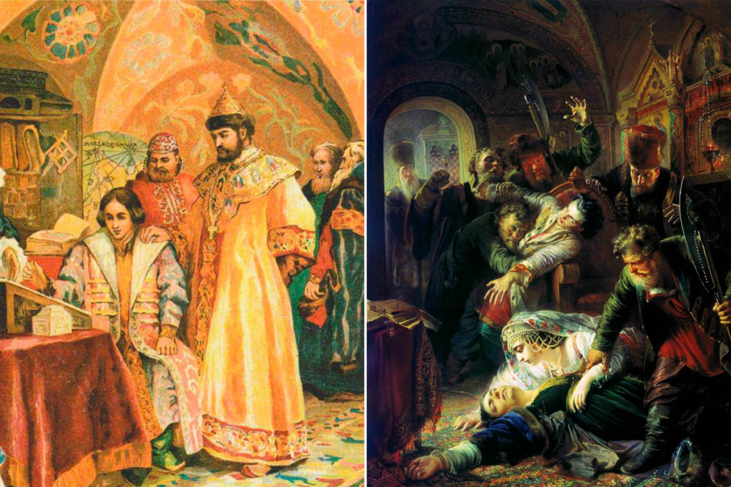 Слева – Борис Годунов наблюдает за учением сына-географа. Н. Некрасов, XIX в. Справа – Убийство Фёдора Годунова. Картина К. Е. Маковского (1862)