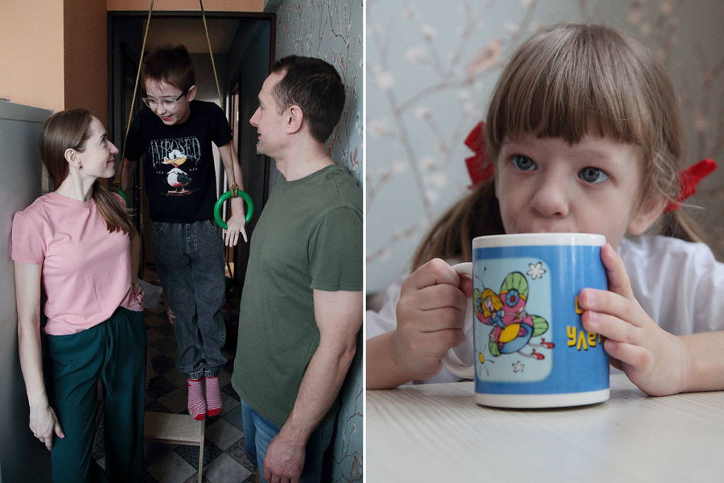 Слева мама, папа, сын, справа девочка пьет из кружки 