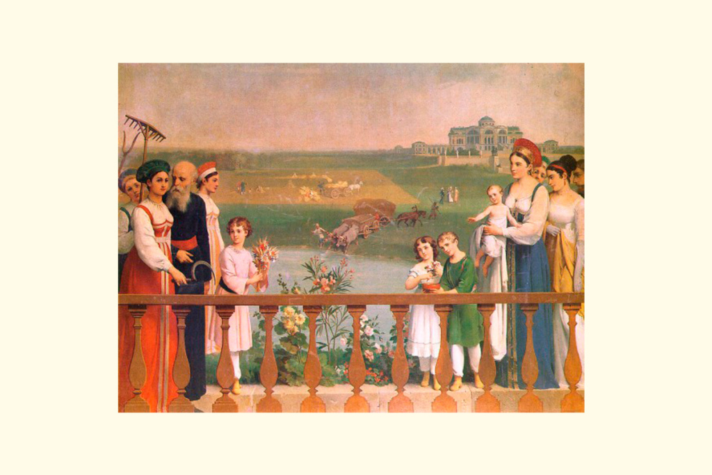 «Дворец в Марьине» (портрет детей князя Барятинского среди крестьян). 1816 г. Идиллический вид поместья в начале XIX века. Курский областной краеведческий музей. Художник: Ан­то­н Оси­по­ви­ч Бруни