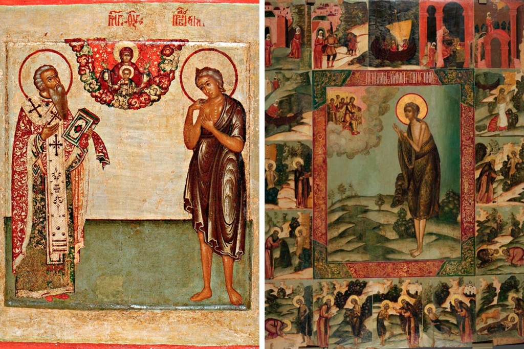 Иконы. Слева – Андрей Критский и Мария Египетская в молении образу Богоматери Знамение. XVII в. Череповецкое музейное объединение. Справа – Святая Мария Египетская с житием. Вторая половина XVII века. Государственная Третьяковская галерея