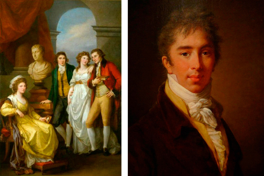 Слева – семейный портрет Барятинских и Толстых. Княгиня Е.П. Барятинская изображена сидящей в кресле у стола, на котором находится мраморный бюст ее отца работы немецкого скульптора А. Триппеля. В руках она держит медальон с портретом мужа, ее дети и зять граф Н.А. Толстой стоят рядом. Художница: А. Кауфман. Справа – князь Иван Иванович Барятинский в молодости. Художница: Элизабет Виже-Лебрен, ок. 1804 года