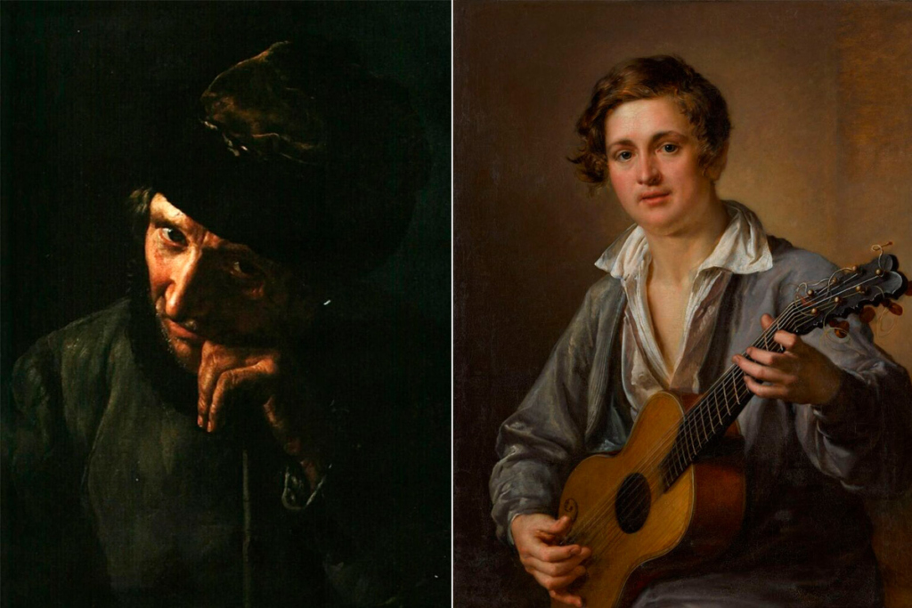 Слева – Ямщик, опирающийся на кнутовище. 1820-е. Музей В.А. Тропинина и московских художников его времени, Москва. Справа – Гитарист. 1923 год. Государственная Третьяковская галерея 