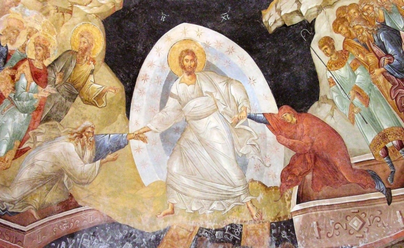 Христос возводит из ада Адама и Еву (фреска, монастырь Хора, XIV век, Константинополь (Стамбул))