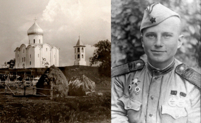 Портрет солдата на фоне храма
