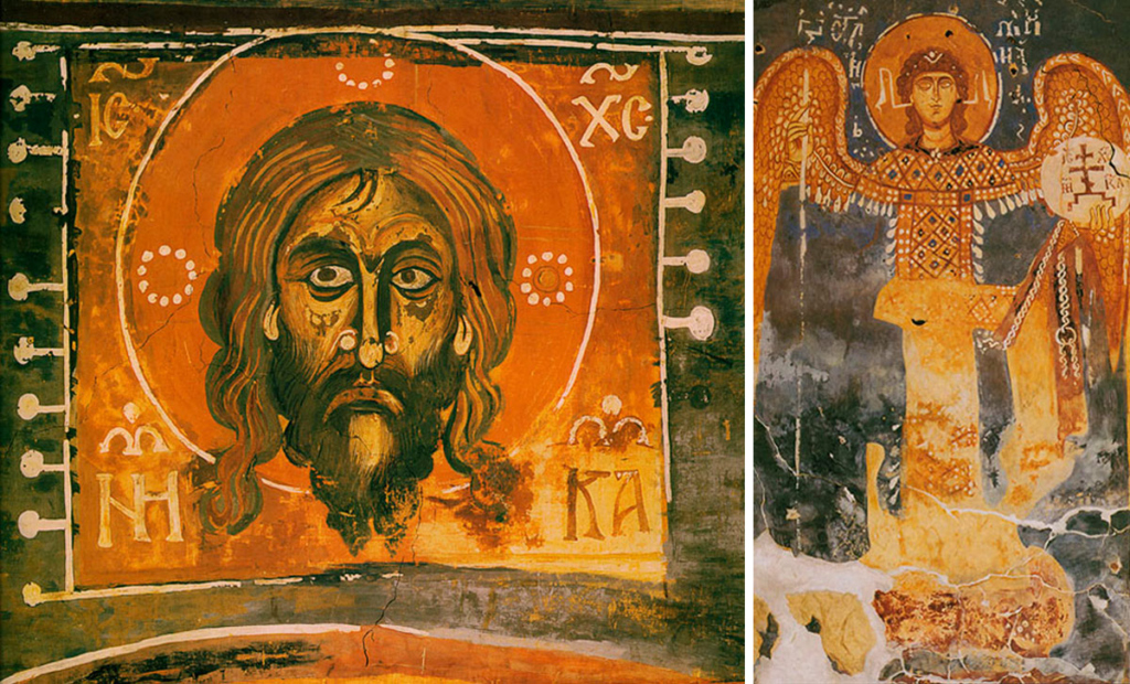 Слева – Спас Нерукотворный. Фреска во лбу западной подпружной арки. Копия Ю.Н.Дмитриева, 1925. Справа – Архангел Михаил. Фреска на северном склоне алтарной арки. Копия Т.С.Щербатовой, 1930