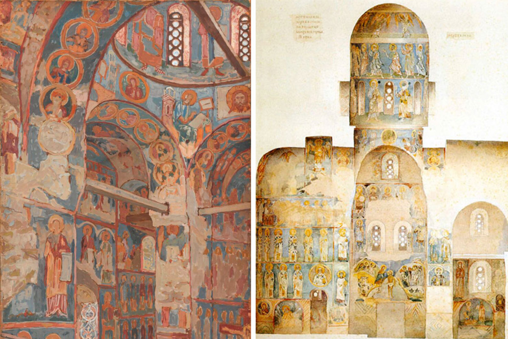 Слева – «В церкви Спаса-Нередицы близ Новгорода», 1912 год. Художник: Петр Петровичев. В восстановлении фресковой живописи храма эта работа оказала большую роль. Справа – поперчный разрез с видом на восточную сторону, со схемой росписи апсиды, жертвенника, диаконника, барабана и купола. Акварель Л.М.Браиловского, 1904