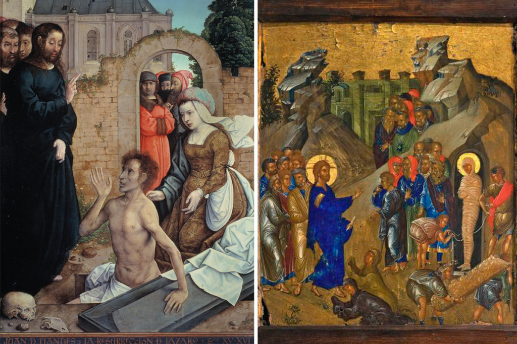 Воскрешение Лазаря. Слева – картина Хуана де Фландеса, XV век, музей Прадо, Испания. Справа – икона. Византия. Конец XIV – начало XV века. Русский музей, Михайловский дворец, СПб