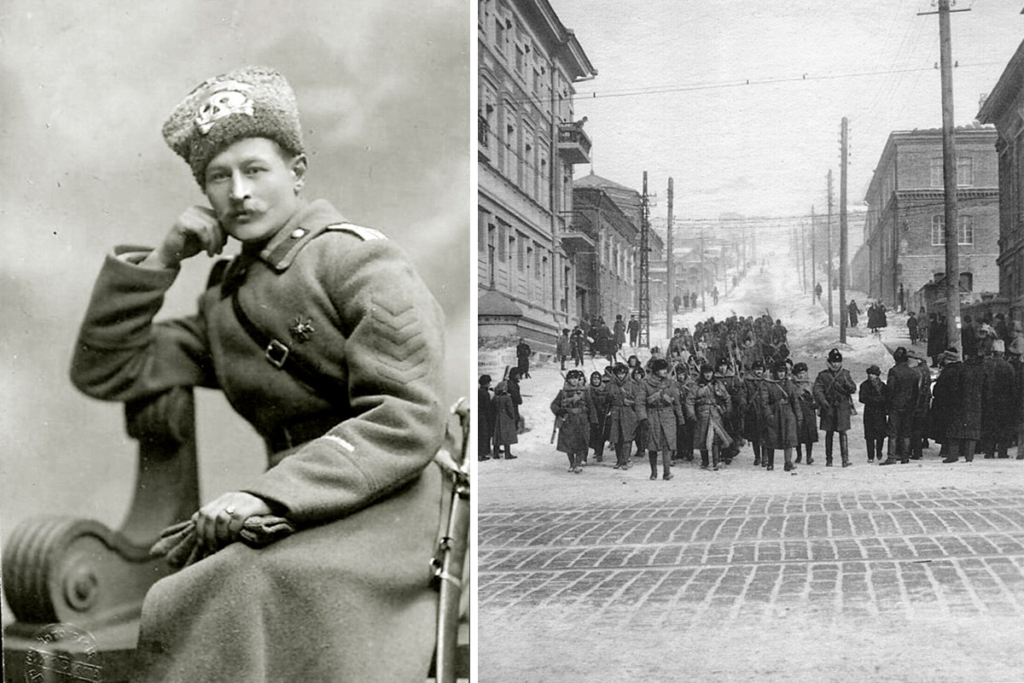 В.А. Петрушевский в форме 5 гусарского полка. Фото:paris1814.com. Справа – Владивосток во время интервенции, 1918-1922 гг. Фото: Владивосток в фотографиях Меррилла Хаскелла/https://pgpb.ru/