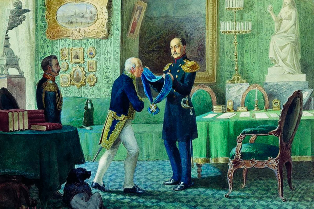 Император Николай I награждает Сперанского за составление свода законов