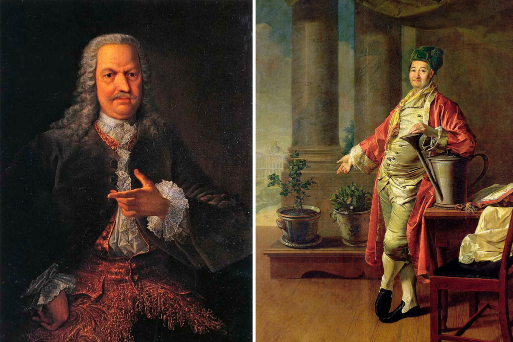 Сын и внук Никиты Демидова. Слева – Акинфий Никитич. Художник: Георг Кристоф Гроот, 1741–1745 год. Справа – Прокофий Акинфиевич. Основатель Нескучного сада в Москве. Художник – Д. Г. Левицкий (1773, Третьяковская галерея, Москва)