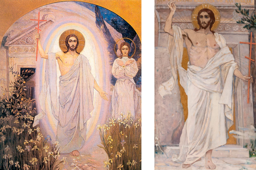 Воскресение Христово. Слева – 1892, Государственный Русский музей, Санкт-Петербург. Справа – 1892, эскиз мозаичного панно для храма Воскресения Христова (Спас-на-Крови), Санкт-Петербург