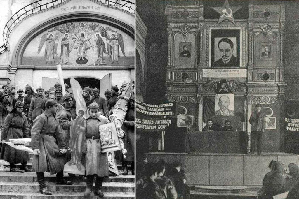 Богоборчество и разграбление храмов в стране. Слева &ndash; закрытие Симонова монастыря. Красноармейцы выносят церковные ценности из разорённой обители. 1923 г. Справа &ndash; Рабочий клуб в здании церкви, 1924 г. 