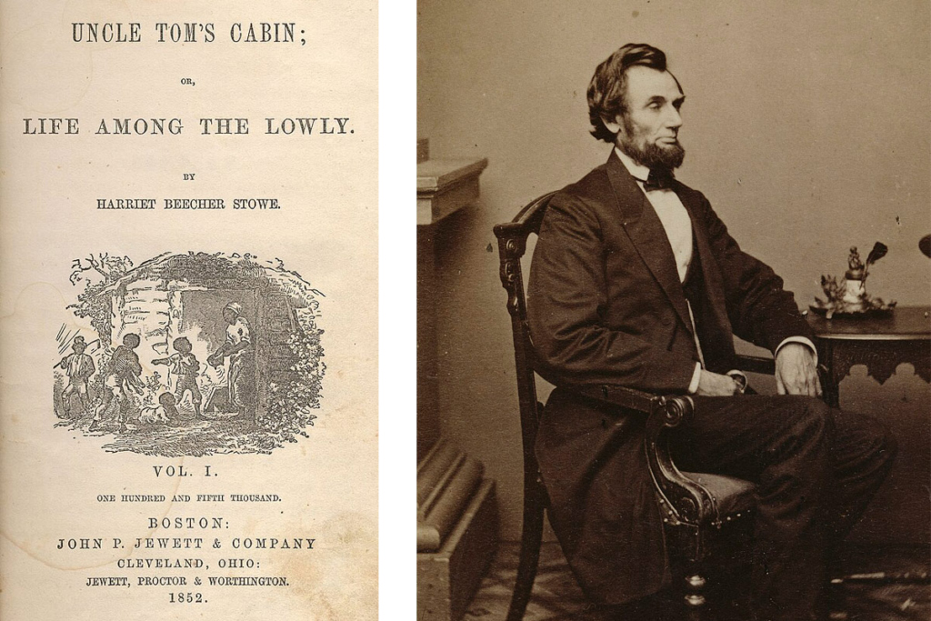 Слева – титульный лист первого издания 1852 года. Справа – президент Соединённых Штатов Авраам Линкольн. Фото: Александр Гарднер / Музей Гетти
