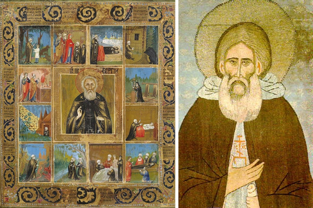 Житийная икона преподобного Сергия. Россия, конец XIX века. Изображение святого Сергия Радонежского на покрове, 1420-е годы