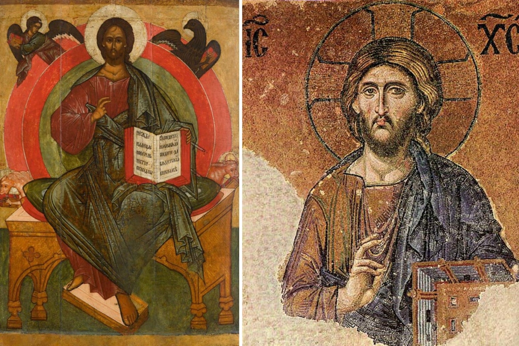 Икона Спас в силах, XV век. Третьяковская галерея. Справа – Спас Вседержитель  (Пантократор). Мозаика в южной галерее собора св. Софии в Константинополе. Вторая четверть XII в
