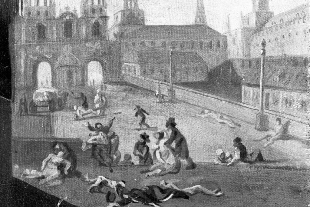 Репродукция картины «Чума в Москве». ХIХ век. Уличная сцена у Воскресенских ворот. Фрагмент. Художник Теодор-Луи Девильи (1818-1886). Фото: Михаил Успенский / РИА Новости 