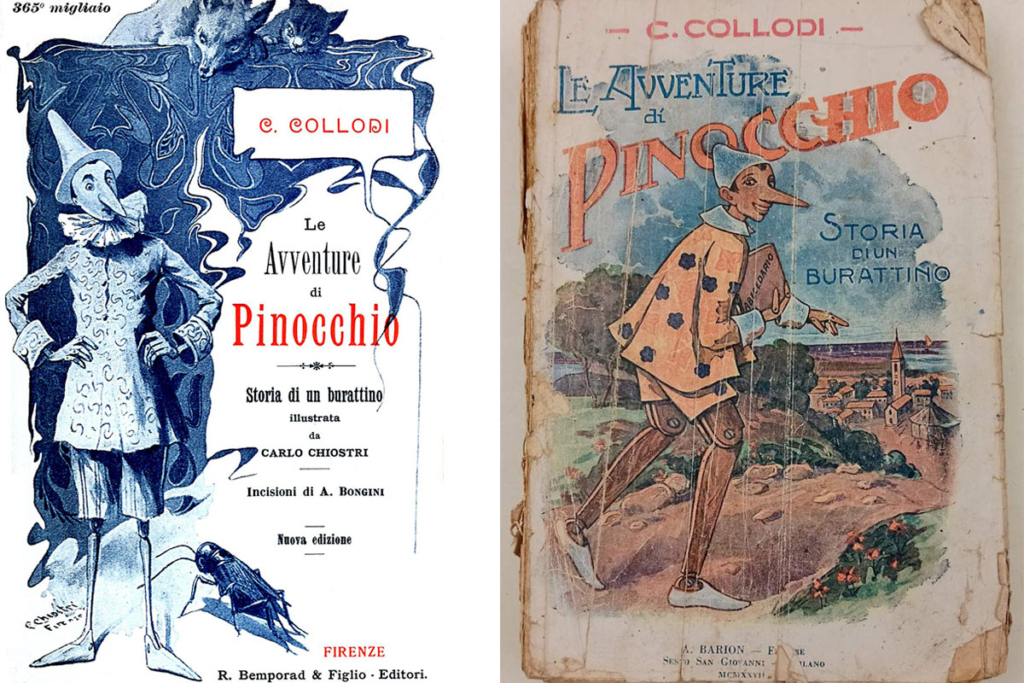 Обложки книг: слева – 1902 года (Флоренция, художник: Carlo Chiostri). Справа – 1932 год (Милан, изд-во Barion)