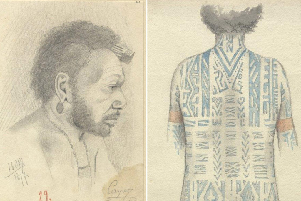 Рисунки Н.Н. Миклухо-Маклая. Слева – Саул, житель Новой Гвинеи. Фото: Научный архив РГО. Справа – Татуировки на спине женщины. Деревня Карепуни, Новая Гвинея
