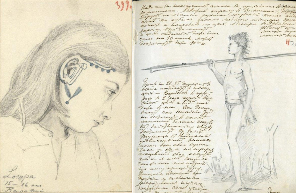 Слева – Ломпа (девушка 15 - 16 лет). О. Рапануи (Пасхи). Рисунок Н.Н. Миклухо-Маклая. Фото: Научный архив РГО. Справа – страница из дневников Н.Н. Миклухо-Маклая. Фото: Научный архив РГО