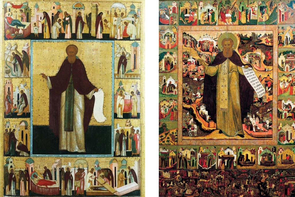 Иконы преподобного Сергия Радонежского с житием. Слева – Дионисий, XV век. Музеи Московского Кремля. Справа – Ярославль. Середина XVII века. Ярославский историко-архитектурный и художественный музей заповедник
