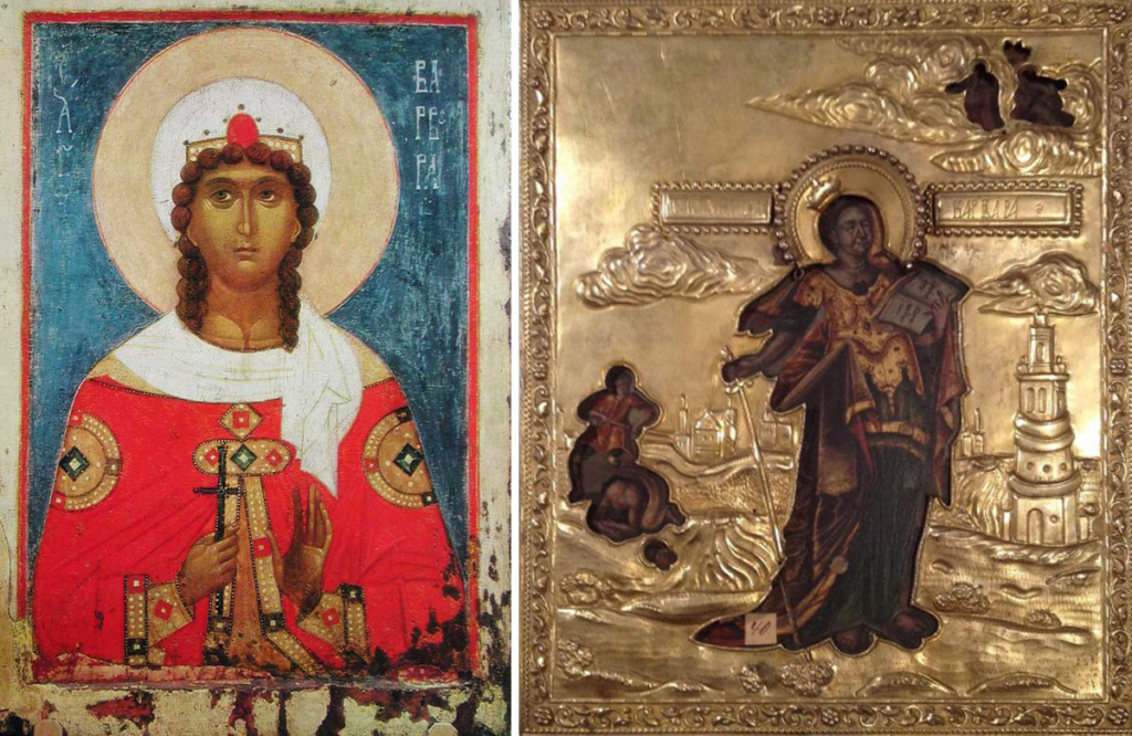 Святая Варвара, иконы. Слева – Новгородская икона, XV в. Государственная Третьяковская галерея. Справа – в серебряном окладе, конец XVIII в. Русский музей