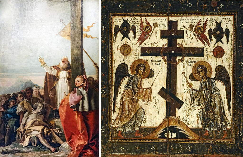Слева – «Определение подлинности креста», Джованни Тьеполо, 1740-е годы. Справа – икона «Прославление креста». Оборотная сторона иконы Спас Нерукотворный. XII век